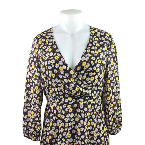 Madewell Black Yellow Floral Long Sleeve V Neck Faux Wrap A Line Maxi Dress 14 - Picture 3 of 5